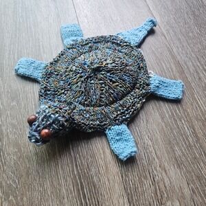 Handmade Knitted Turtle Plush Toy Blue Green Wooden Eyes Stuffed Animal